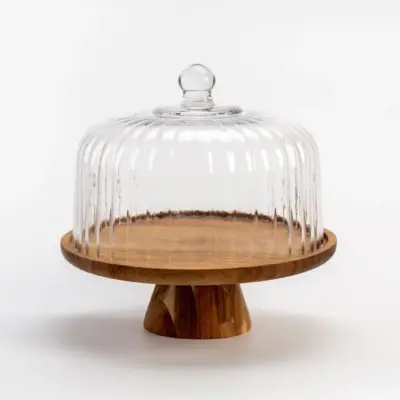 "Cake" Akazienholz Servierplatte auf Fuß mit Glasglocke - 30cm